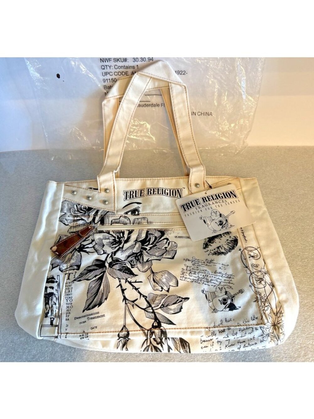 True Religion Canvas Tote Bag 16”x11” Magnetic Close Logo Floral Buddha Boho NWT